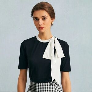 RIHOAS The Black Round Neck Colorblock Bowknot Top XS
